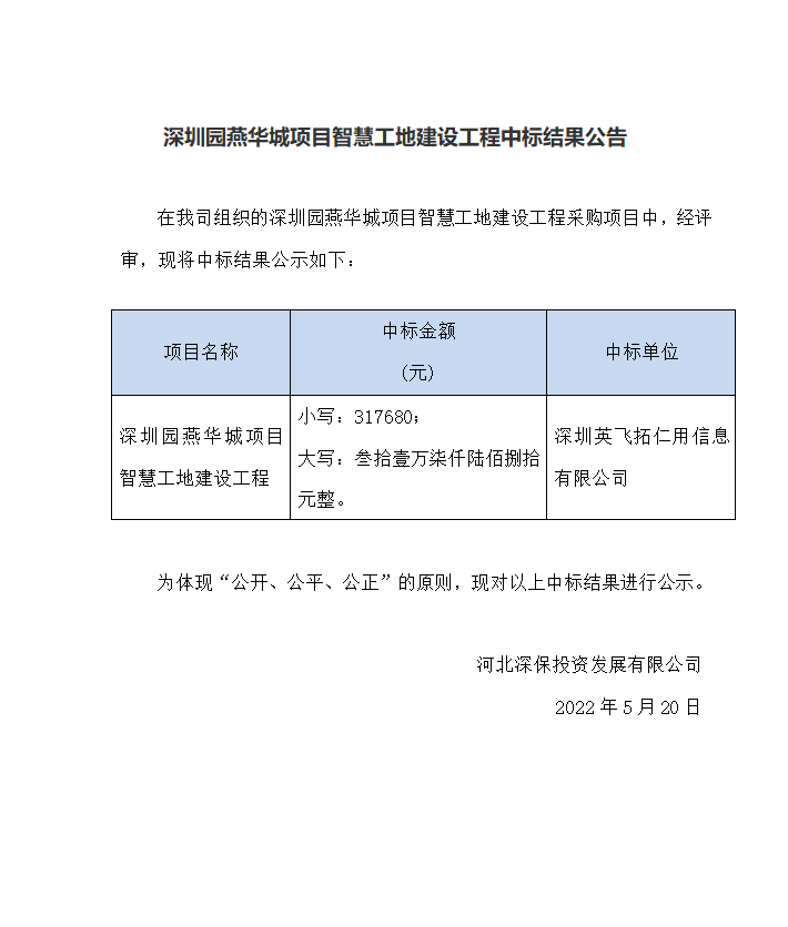 【中标】深圳園燕華城(chéng)項目智慧工地建設工程中标結果公告