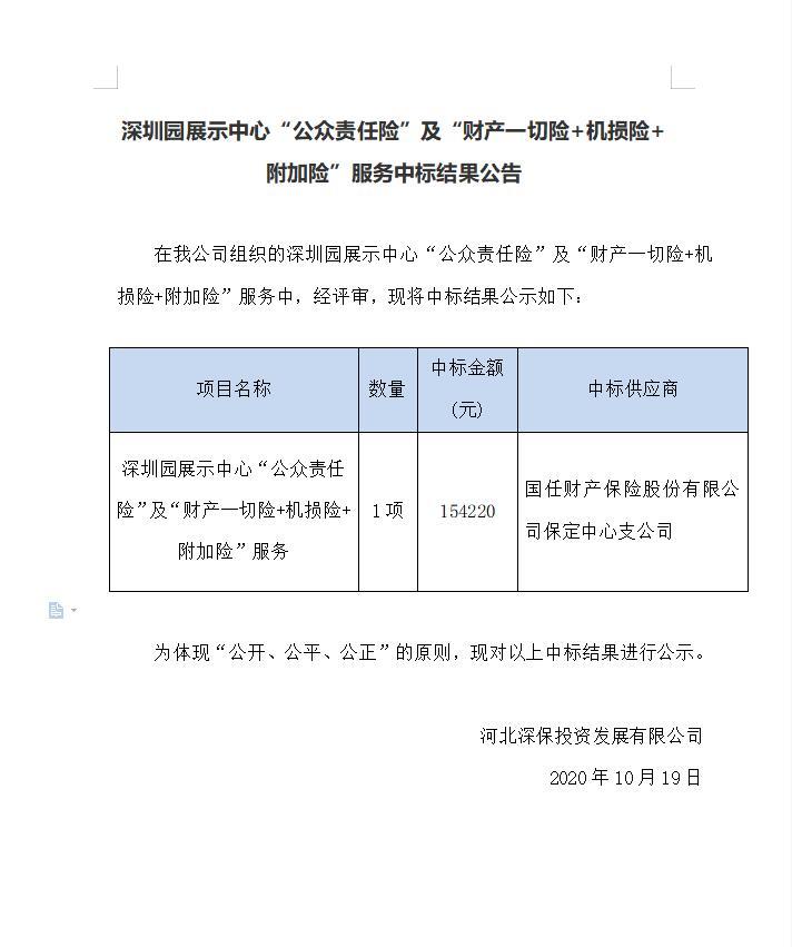 深圳園展示中心“公衆責任險”及“财産一切險+機損險+附加險”服務中标結果公告