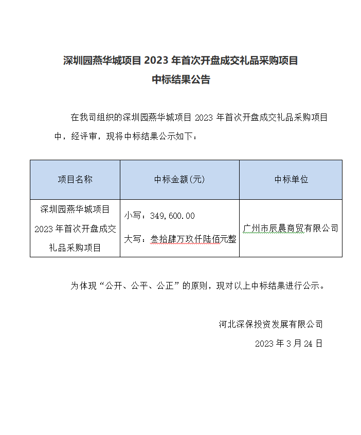 【公示】深圳園燕華城(chéng)項目2023年首次開盤成交禮品采購(gòu)項目中标結果公告