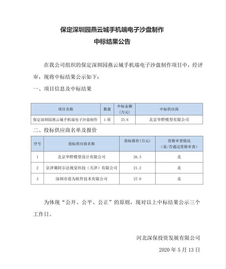 保定深圳園燕雲城(chéng)手機端電子沙盤制作中标結果公告