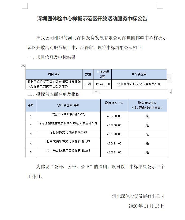 深圳園體驗中心樣闆示範區(qū)開放活動服務中标公告