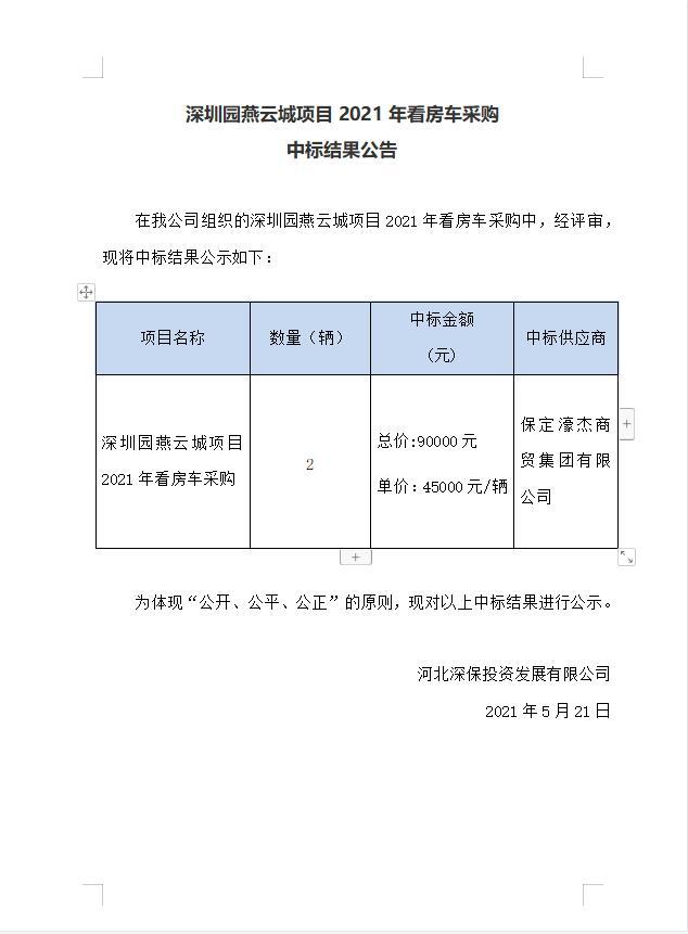 燕雲城(chéng)項目2021年看房(fáng)車采購(gòu)中标結果公告