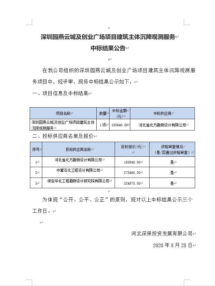 深圳園燕雲城(chéng)及創業廣場(chǎng)項目建築主體沉降觀測服務中标結果公告