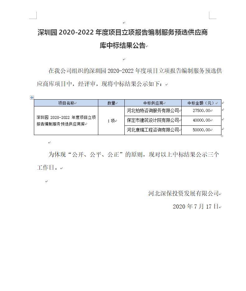 深圳園2020-2022年度項目立項報告編制服務預選供應商庫中标結果