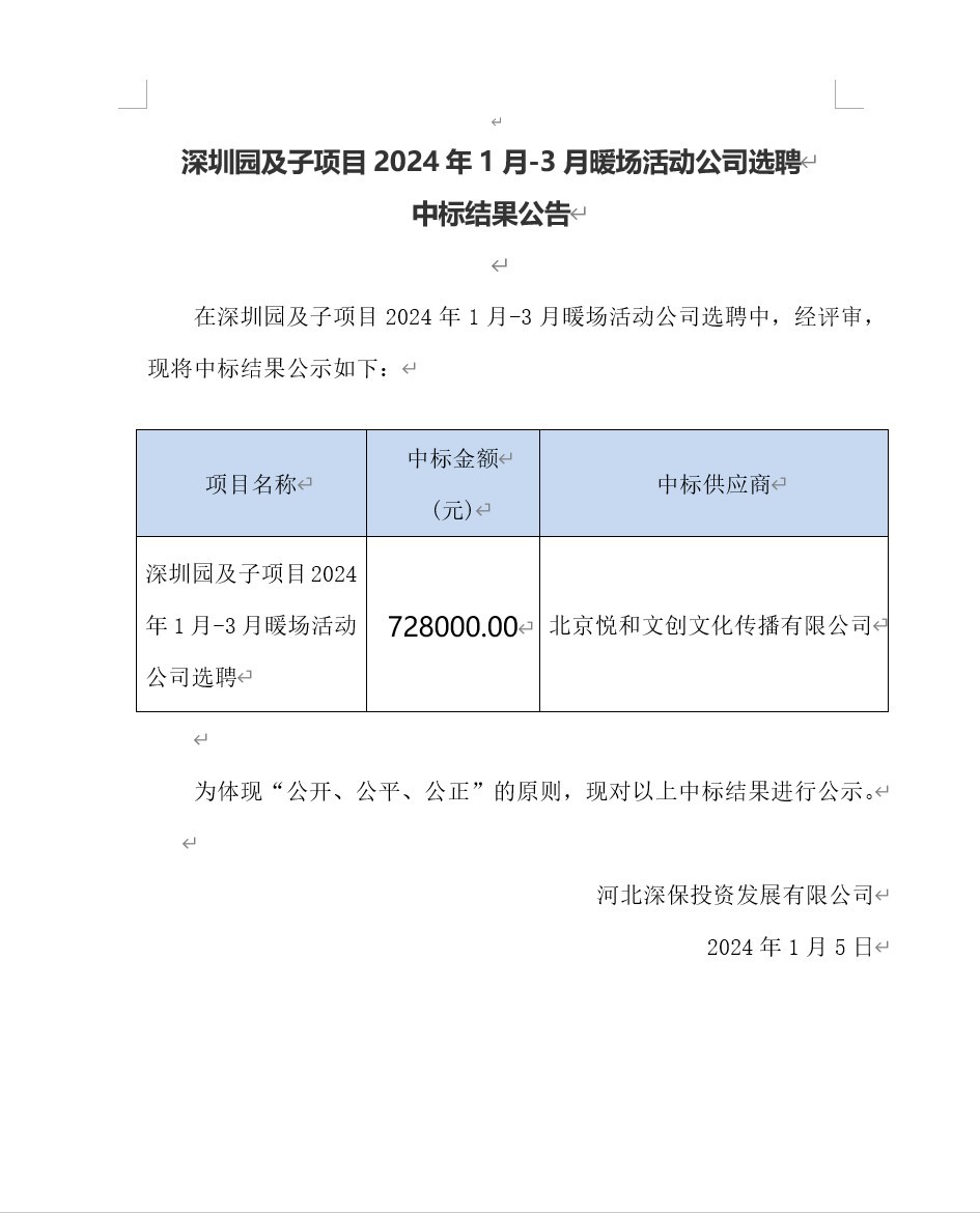 【公告】深圳園及子項目2024年1月(yuè)-3月(yuè)暖場(chǎng)活動公司選聘中标結果公告