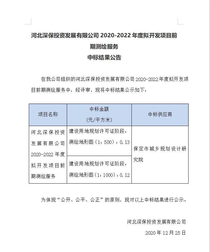 2020-2022年度拟開發項目前期測繪服務中标結果公告