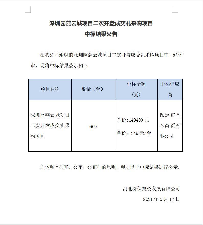 燕雲城(chéng)項目二次開盤成交禮采購(gòu)項目 中标結果公告